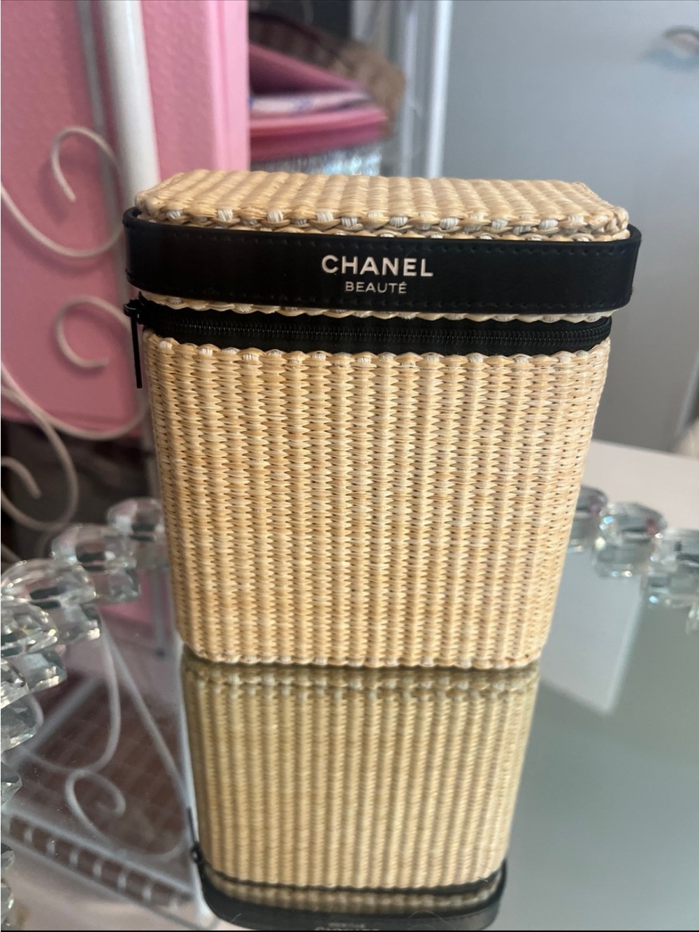 Chanel Beauté Straw Cosmetic Case in Beige and Black- (No Cosmetics Included)